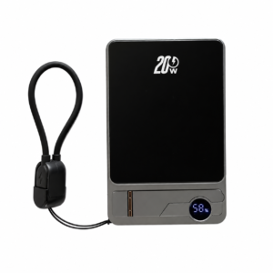 Powerbank 10000 mAh em fundo branco, com cabo organizado