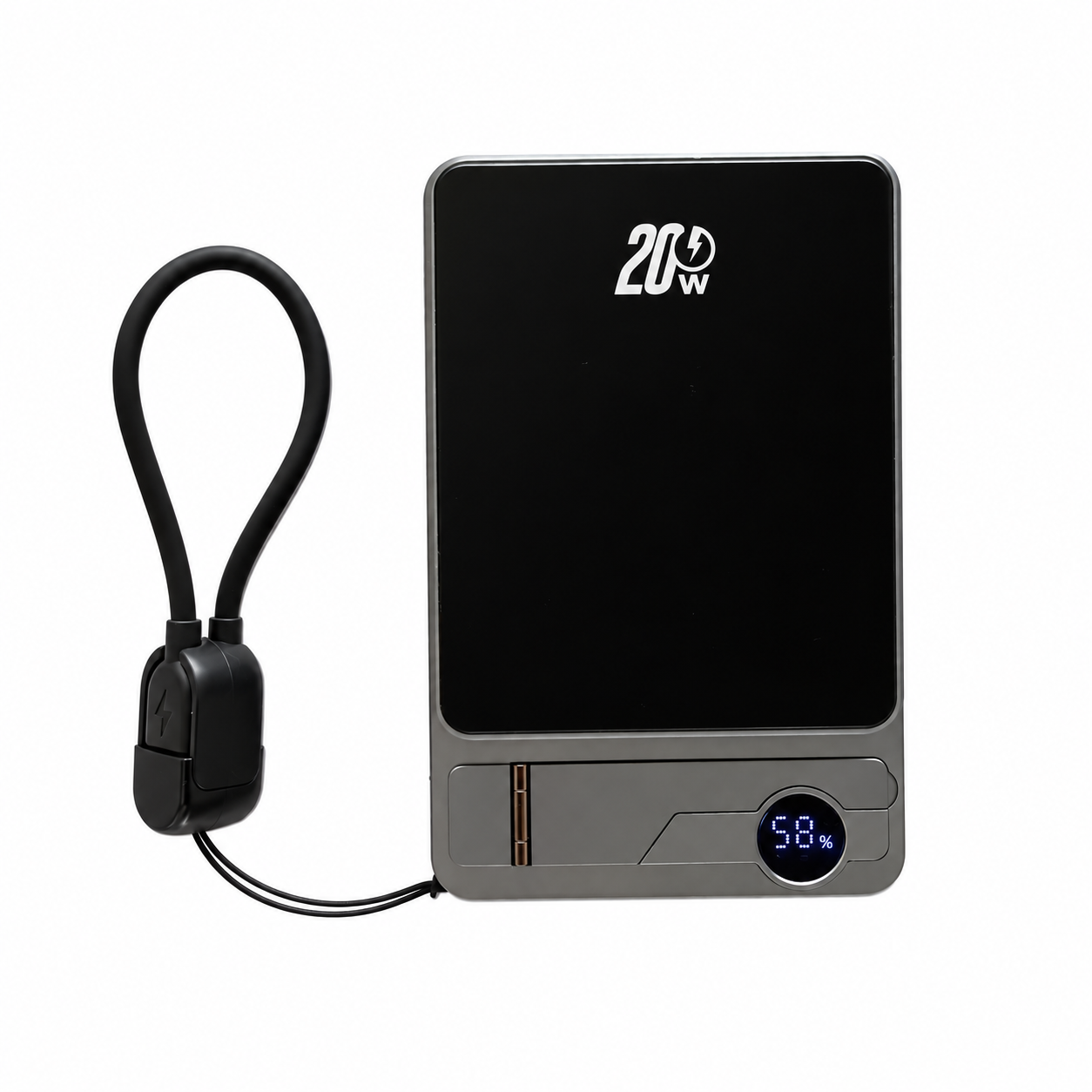Powerbank 10000 mAh em fundo branco, com cabo organizado
